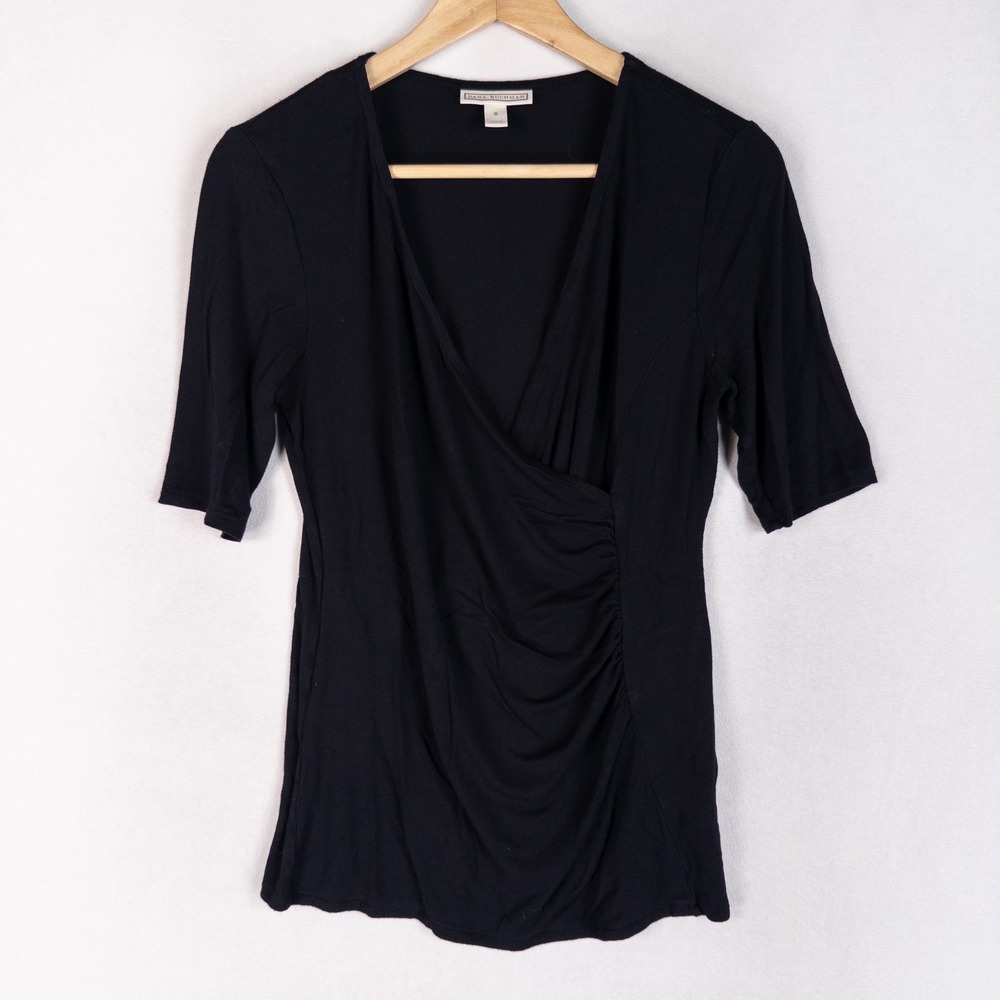 Dana Buchman Womens Faux Wrap Top Size S Black Ruched Short Sleeve V-Neck Jersey